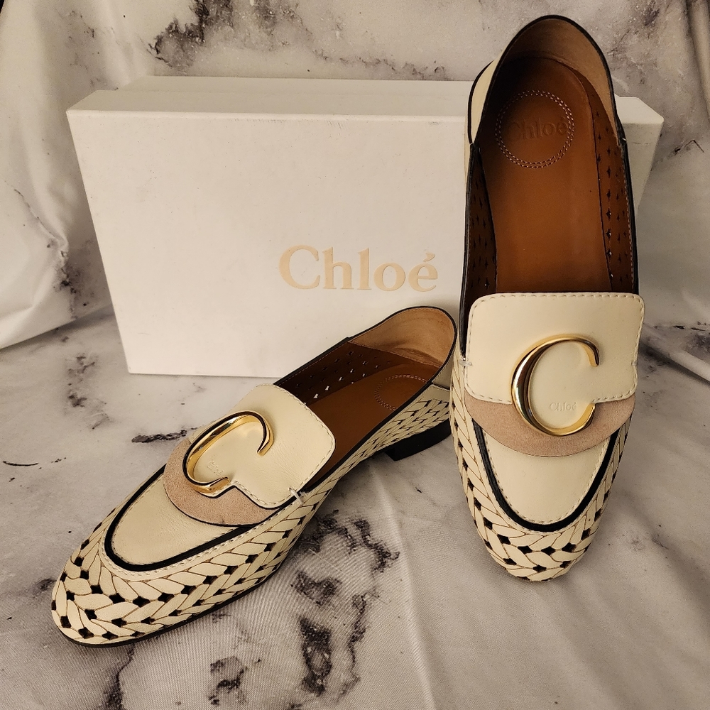 Chloe Logo Hardware Loafer White Cream Pink Corvette Perforated Leather 38EU